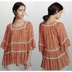 Free People Orange Talk About It Tunic Tiered Top Womens Floral Bell Sleeve FALL